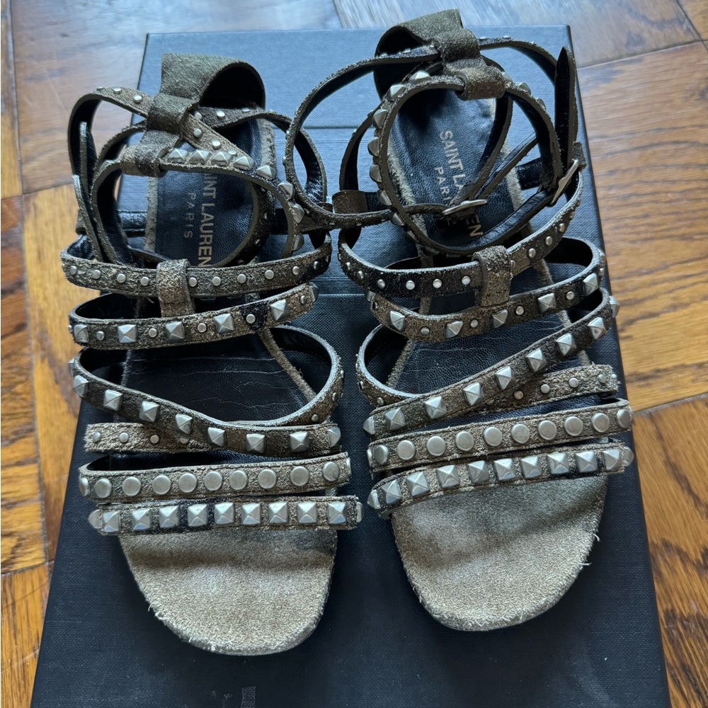 Yves Saint Laurent studded suede gladiator sandals, camo, size 5